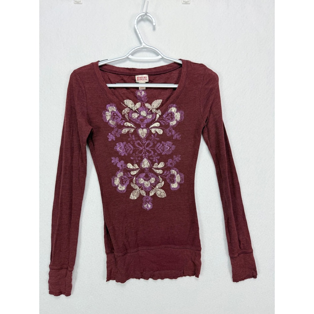 Mossimo Long Sleeve Maroon Y2K Graphic Boho Grunge V-Neck Waffle Knit Thermal S